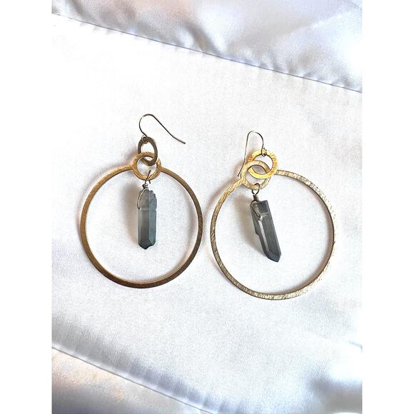 Gold-Tone Round Quartz Stone Hoop Earrings - Picture 2 of 10